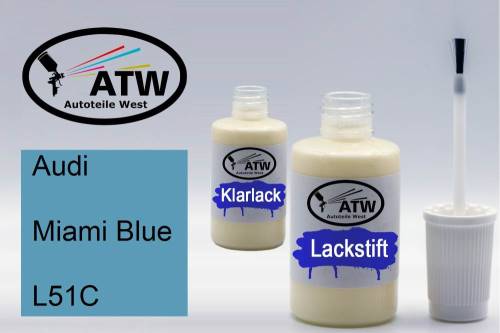 Audi, Miami Blue, L51C: 20ml Lackstift + 20ml Klarlack - Set, von ATW Autoteile West.